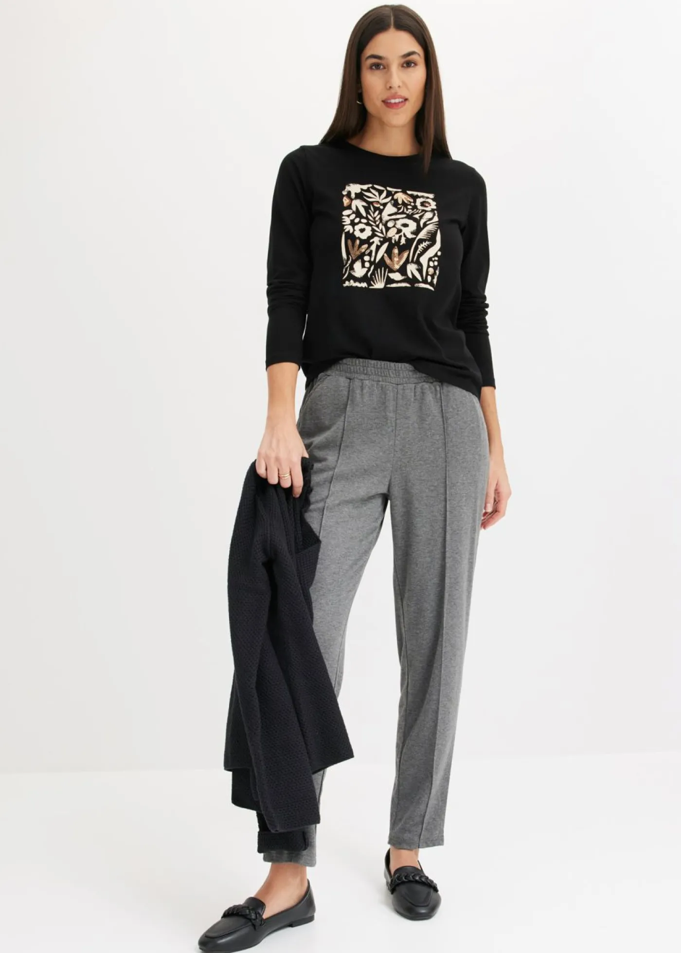 bonprix bonprix Pantalón sin cierre con ribete gris jaspeado moteado Online