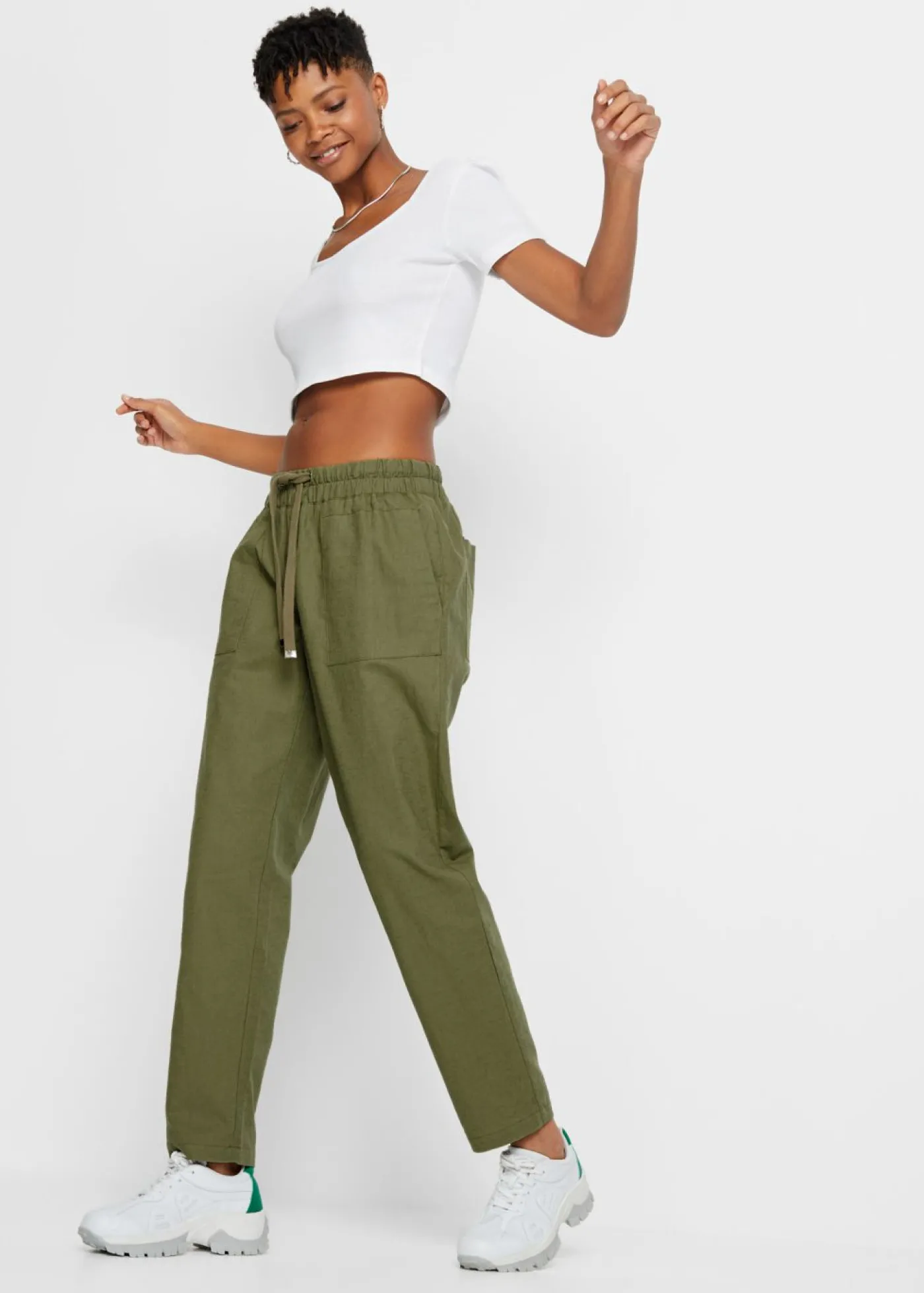 bonprix bonprix Pantalón sin cierre de mezcla de lino ligero Verde oliva Online
