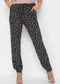 bonprix bonprix Pantalón sin cierre de viscosa pura Negro-blanco lana de flores Hot