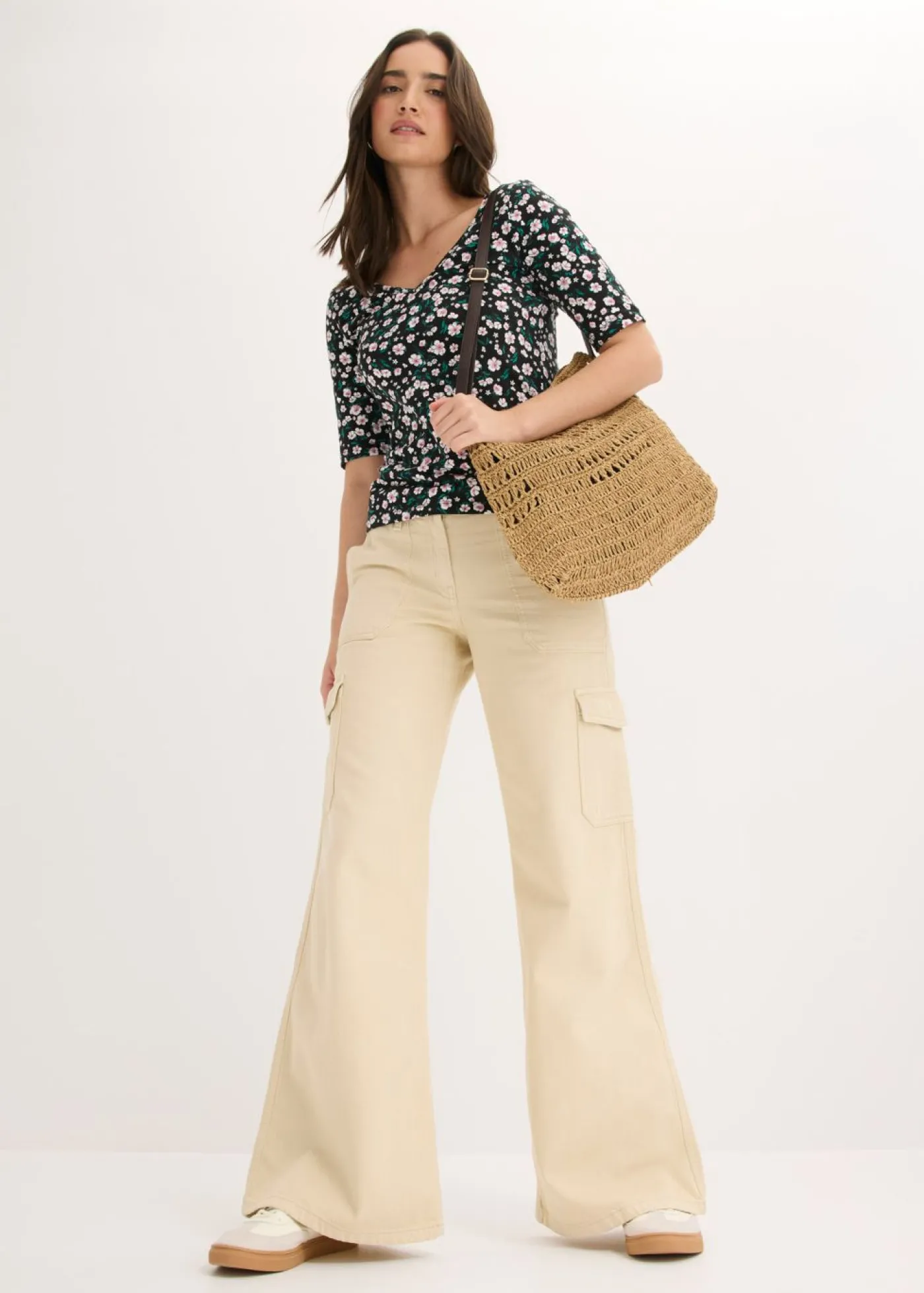 bonprix bonprix Pantalón tipo cargo de algodón puro Arena claro Sale
