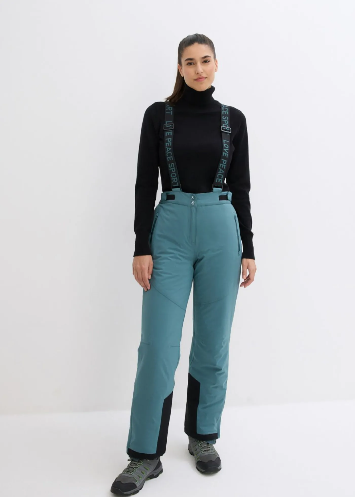 bonprix bonprix Pantalón térmico funcional de esquí con tirantes desmontables, material impermeable y corte recto Verde grisáceo Online