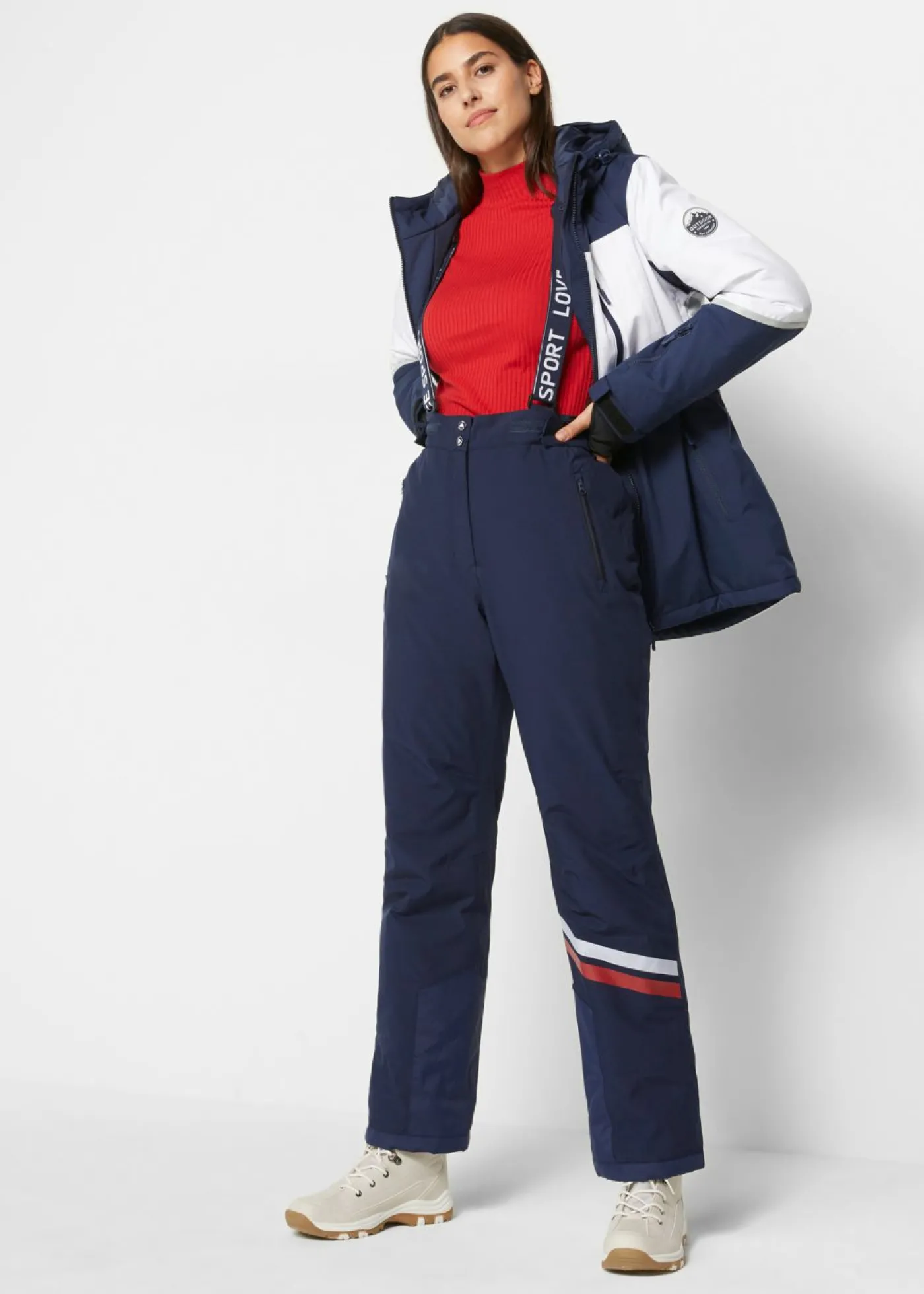 bonprix bonprix Pantalón térmico funcional de esquí con tirantes desmontables, material impermeable y corte recto Azul marino Discount
