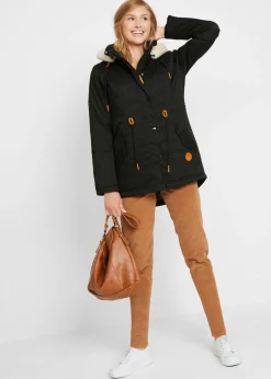 bonprix bonprix Parka acolchada con ribete de pelo sintético Negro Online