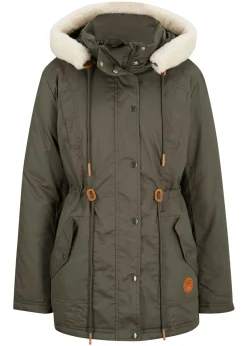 bonprix bonprix Parka acolchada con ribete de pelo sintético Verde oliva oscuro Sale