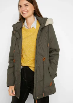 bonprix bonprix Parka acolchada con ribete de pelo sintético Verde oliva oscuro Sale
