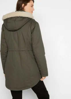 bonprix bonprix Parka acolchada con ribete de pelo sintético Verde oliva oscuro Sale