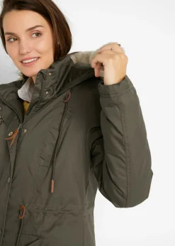 bonprix bonprix Parka acolchada con ribete de pelo sintético Verde oliva oscuro Sale