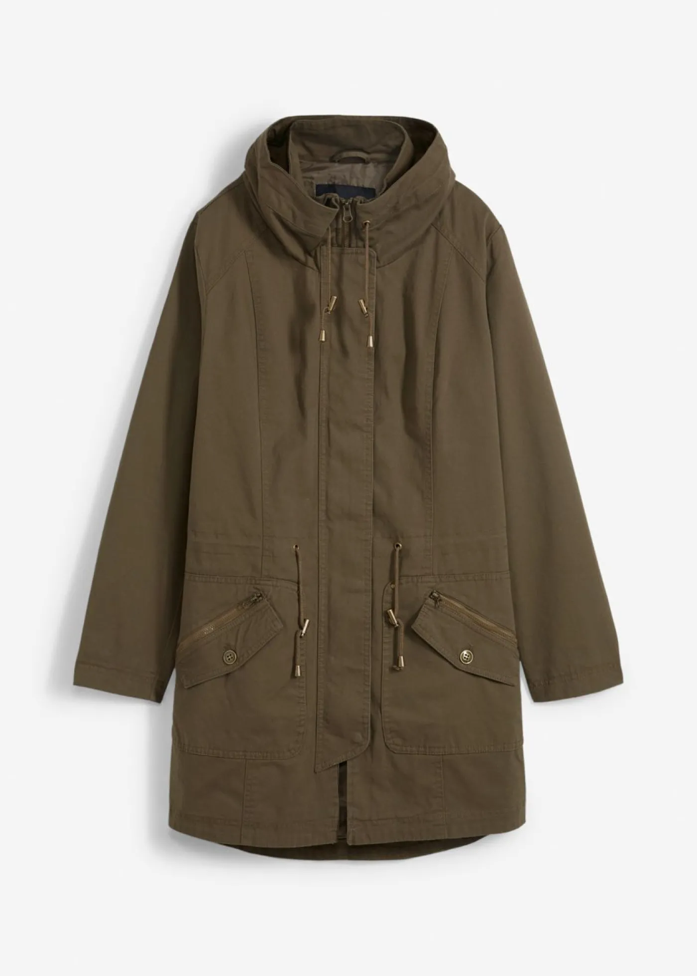 bonprix bonprix Parka corta de algodón con cuello alto, entallada Caqui Outlet