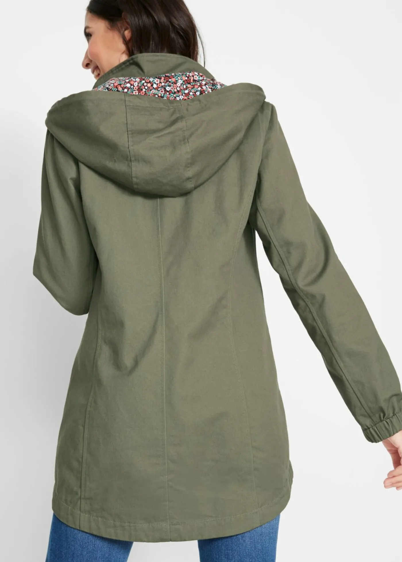 bonprix bonprix Parka de entretiempo de algodón con capucha estampada Verde oliva