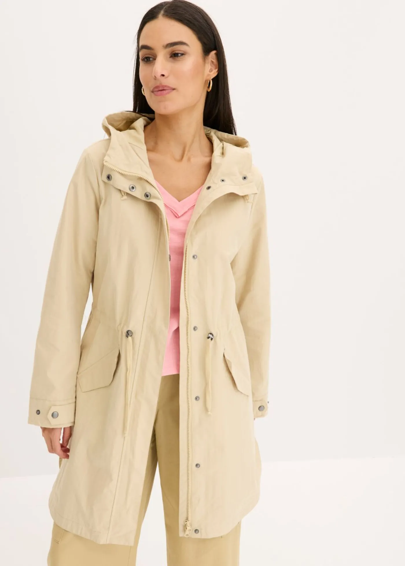 bonprix bonprix Parka larga con capucha Beige New