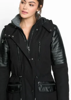 bonprix bonprix Parka larga con inserciones de piel sintética Negro Sale