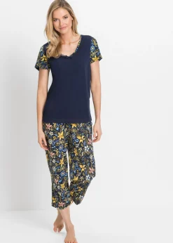 bonprix bonprix Pijama capri con mangas cortas, de algodón puro Azul marino estampado Best