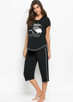 bonprix bonprix Pijama capri de algodón orgánico puro Negro-blanco Sale