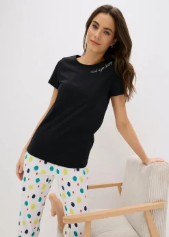 bonprix bonprix Pijama capri de algodón puro Negro de lunares Clearance
