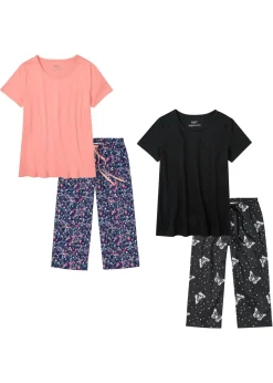 bonprix bonprix Pijama capri de algodón puro (2 unidades) Negro estampado + coral claro de flores Hot