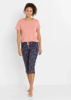 bonprix bonprix Pijama capri de algodón puro (2 unidades) Negro estampado + coral claro de flores Hot