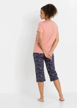 bonprix bonprix Pijama capri de algodón puro (2 unidades) Negro estampado + coral claro de flores Hot