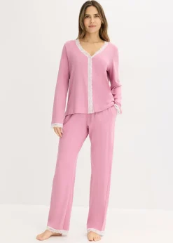bonprix bonprix Pijama con botones malva-blanco lana Discount
