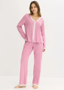 bonprix bonprix Pijama con botones malva-blanco lana Discount