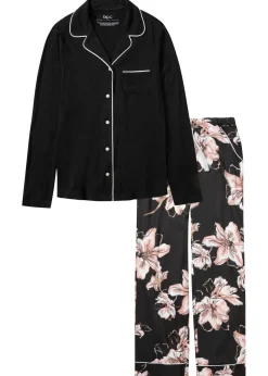 bonprix bonprix Pijama con botones Negro de flores Hot
