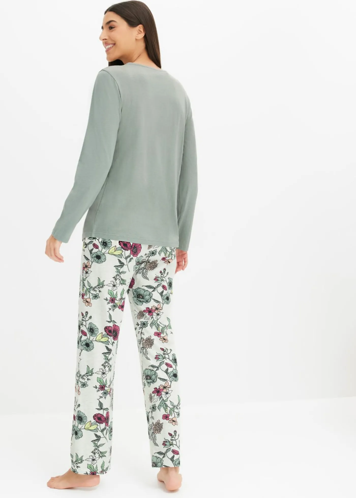 bonprix bonprix Pijama con botones verde-natural jaspeado con flores