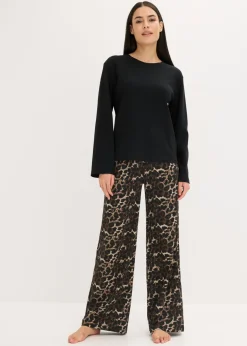 bonprix bonprix Pijama con camiseta de canalé y pantalón ancho estampado leo negro Hot