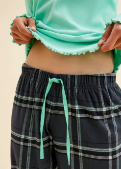 bonprix bonprix Pijama con camiseta de canalé y pantalón de franela azul mentol-azul oscuro a cuadros Discount