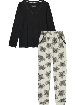 bonprix bonprix Pijama con encaje discreto Negro-natural jaspeado de flores Discount