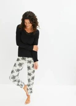 bonprix bonprix Pijama con encaje discreto Negro-natural jaspeado de flores Discount