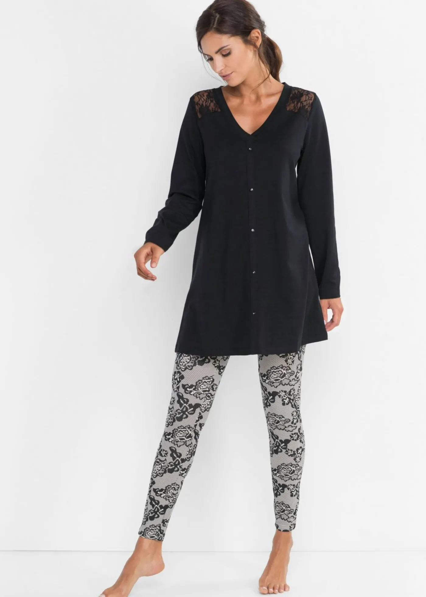 bonprix bonprix Pijama con leggings Negro-gris estampado Online