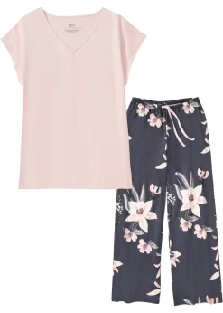 bonprix bonprix Pijama con pantalón ancho Rosa pálido-azul arándano estampado New