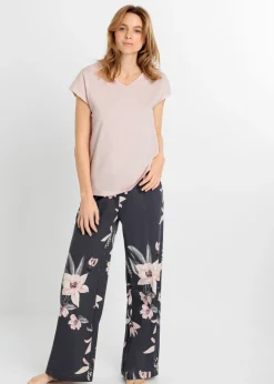 bonprix bonprix Pijama con pantalón ancho Rosa pálido-azul arándano estampado New