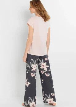bonprix bonprix Pijama con pantalón ancho Rosa pálido-azul arándano estampado New