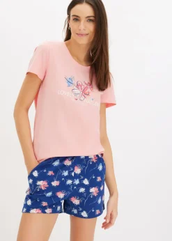 bonprix bonprix Pijama con pantalón corto rosa pálido-azul marino profundo con flores Sale