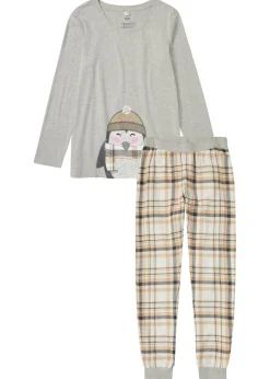 bonprix bonprix Pijama con pantalón de franela Gris claro jaspeado-blanco lana de cuadros Outlet