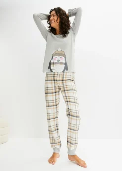 bonprix bonprix Pijama con pantalón de franela Gris claro jaspeado-blanco lana de cuadros Outlet