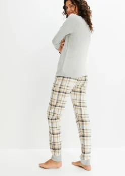 bonprix bonprix Pijama con pantalón de franela Gris claro jaspeado-blanco lana de cuadros Outlet