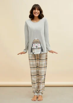 bonprix bonprix Pijama con pantalón de franela Gris claro jaspeado-blanco lana de cuadros Outlet