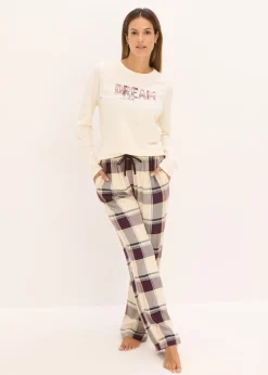 bonprix bonprix Pijama con pantalón suave y bolsa de regalo beige natural-morado intenso a cuadros Clearance