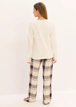bonprix bonprix Pijama con pantalón suave y bolsa de regalo beige natural-morado intenso a cuadros Clearance