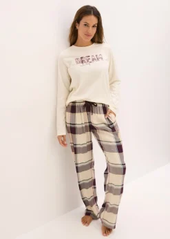 bonprix bonprix Pijama con pantalón suave y bolsa de regalo beige natural-morado intenso a cuadros Clearance