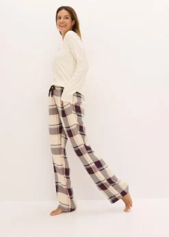 bonprix bonprix Pijama con pantalón suave y bolsa de regalo beige natural-morado intenso a cuadros Clearance