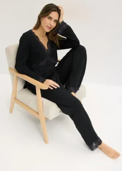 bonprix bonprix Pijama con ribete de encaje Negro Hot