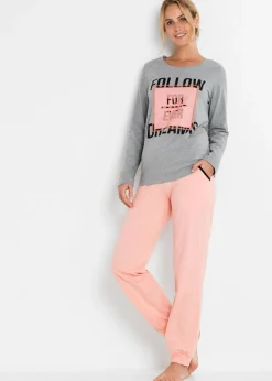 bonprix bonprix Pijama de algodón orgánico Gris jaspeado-coral claro estampado Clearance