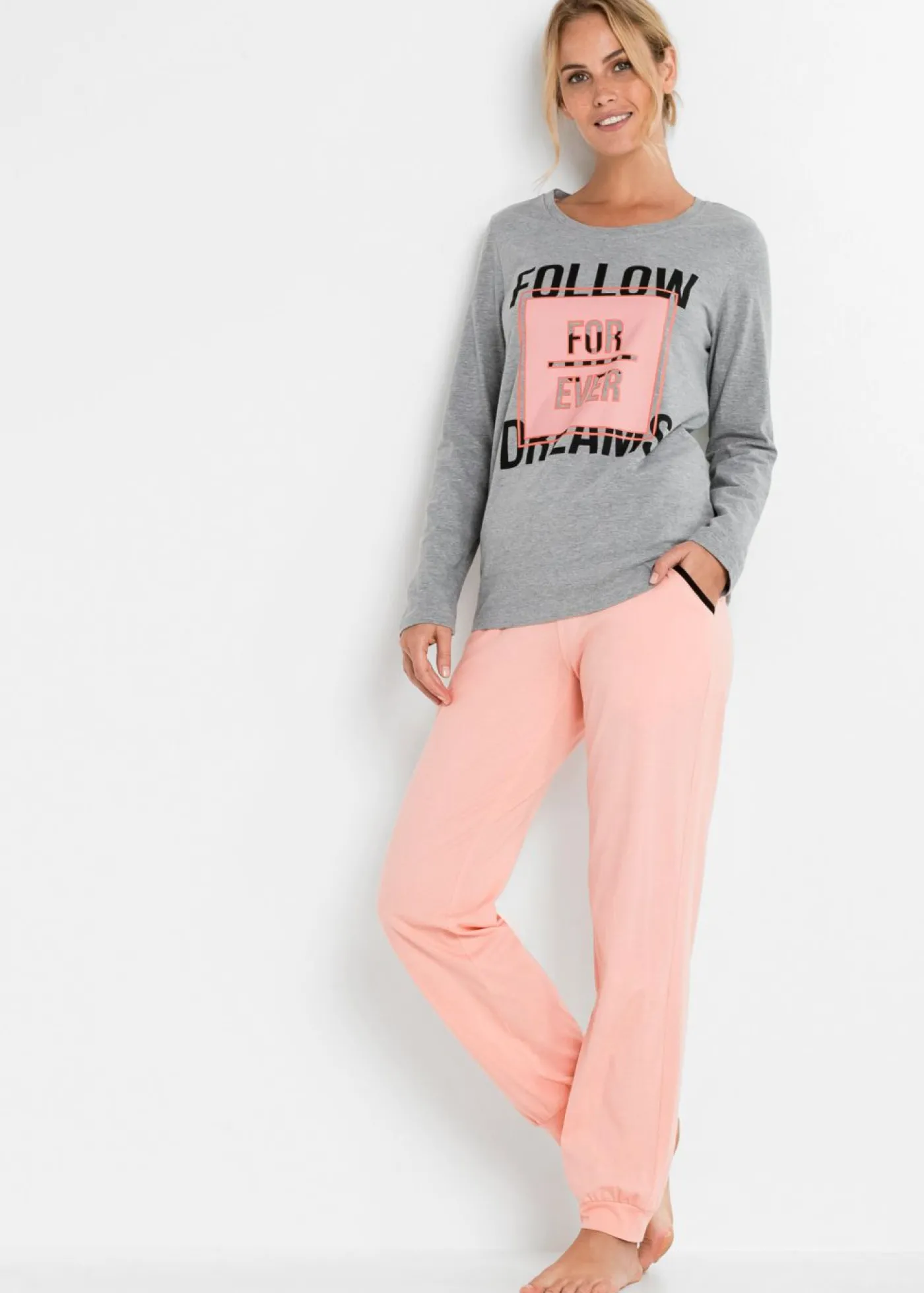 bonprix bonprix Pijama de algodón orgánico Gris jaspeado-coral claro estampado Clearance