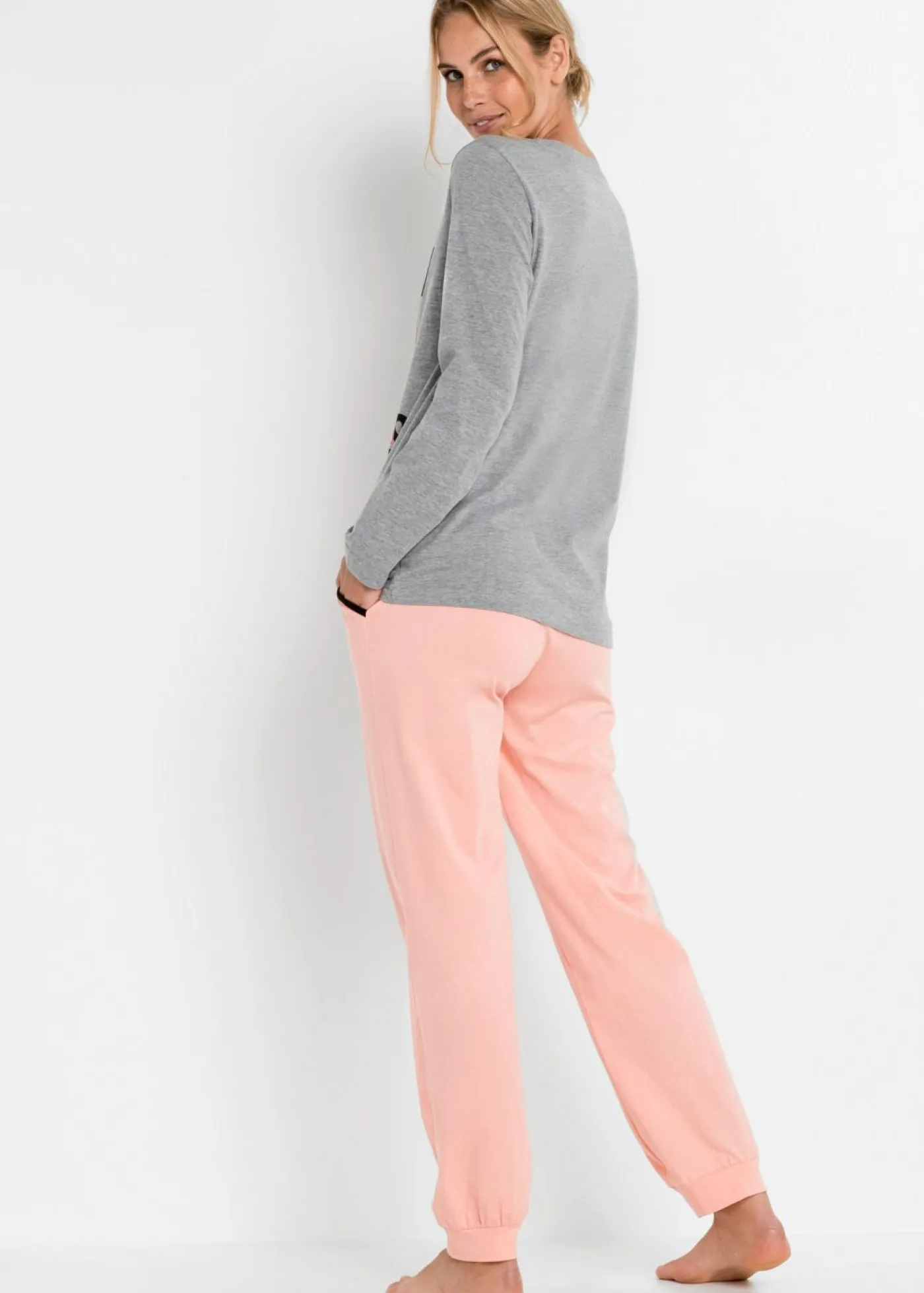 bonprix bonprix Pijama de algodón orgánico Gris jaspeado-coral claro estampado Clearance