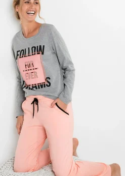 bonprix bonprix Pijama de algodón orgánico Gris jaspeado-coral claro estampado Clearance
