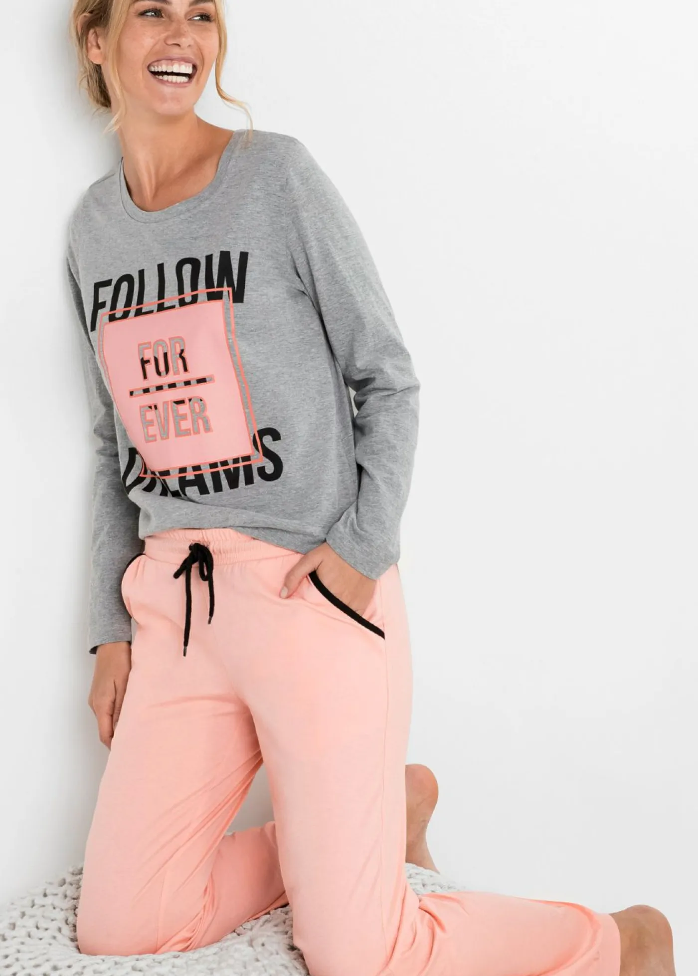 bonprix bonprix Pijama de algodón orgánico Gris jaspeado-coral claro estampado Clearance