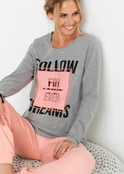 bonprix bonprix Pijama de algodón orgánico Gris jaspeado-coral claro estampado Clearance