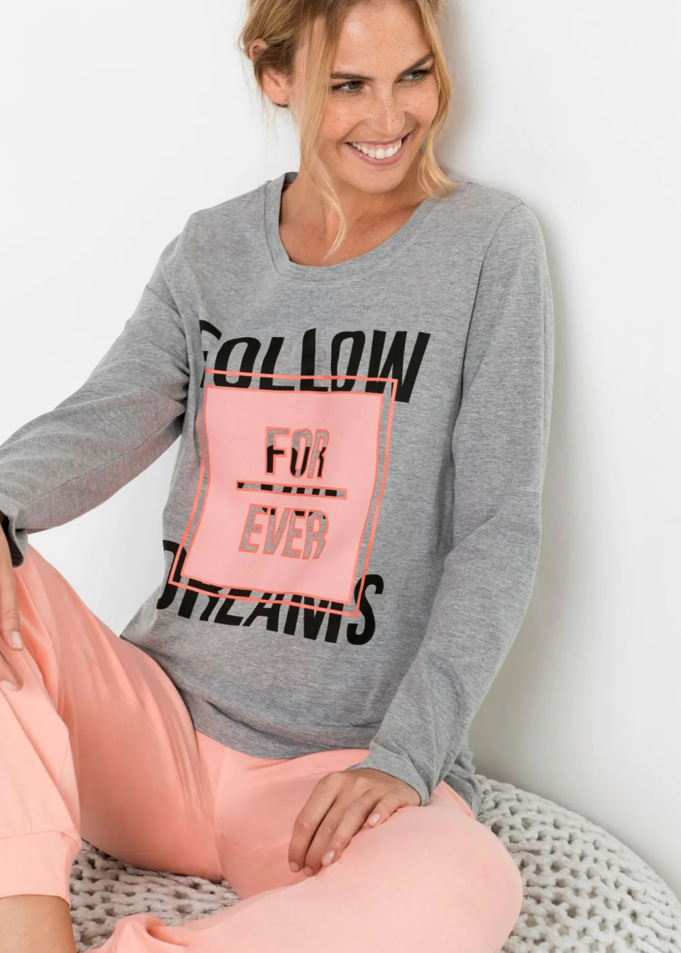 bonprix bonprix Pijama de algodón orgánico Gris jaspeado-coral claro estampado Clearance